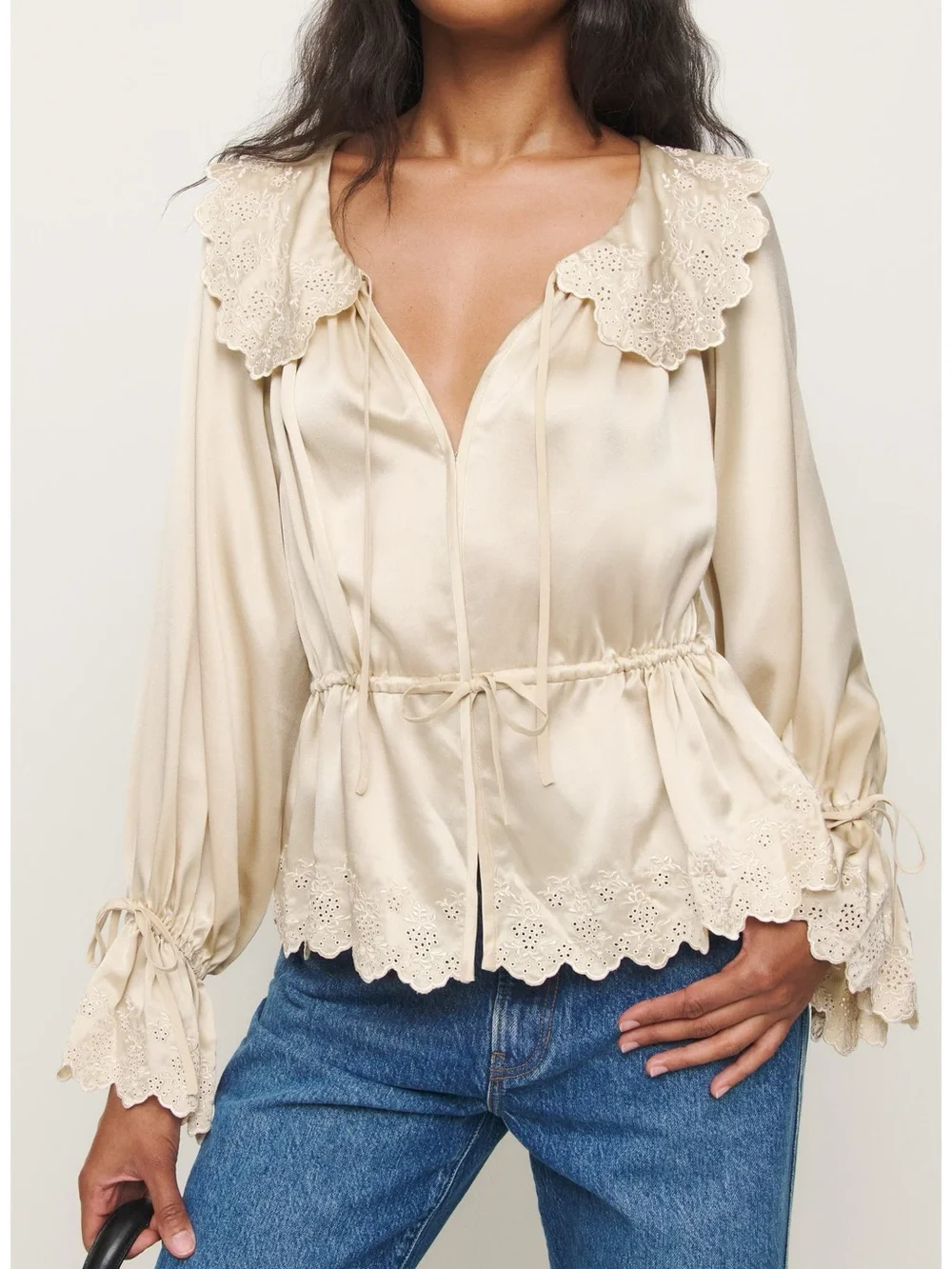 Reformation Cream Eyelet-Trim Peplum Blouse